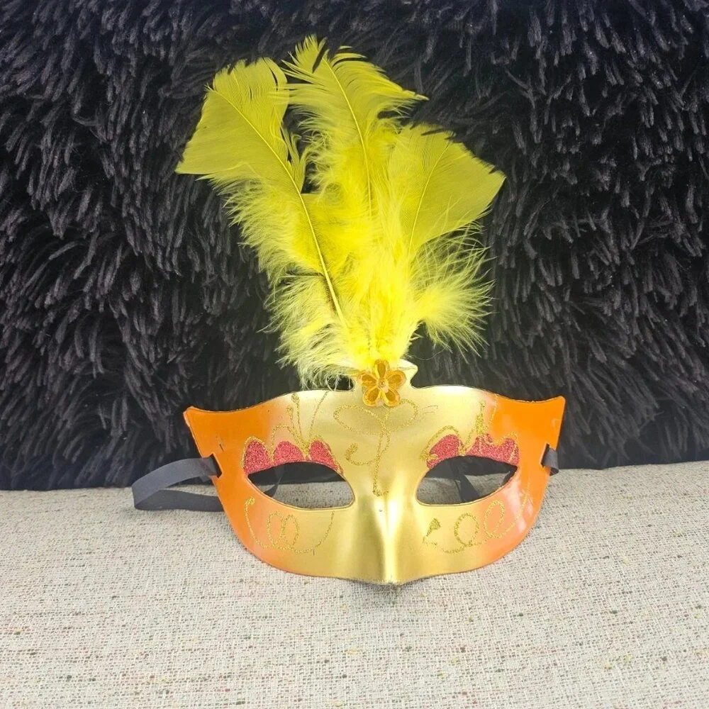 Yellow Faux Feather Mask Party Light Up Face Eye Mask Masquerade Mardi Gras Mask